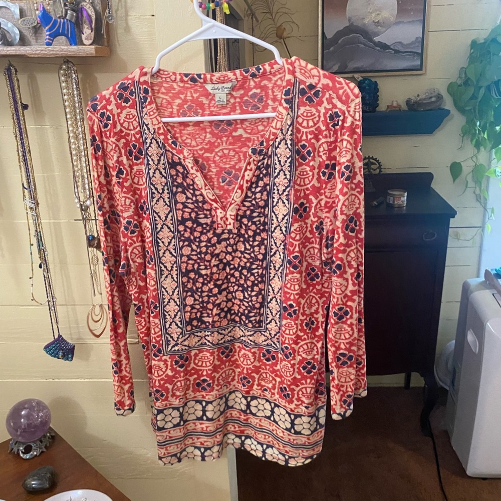 Lucky Brand Pink and Black Graphic Long Sleeve Blouse